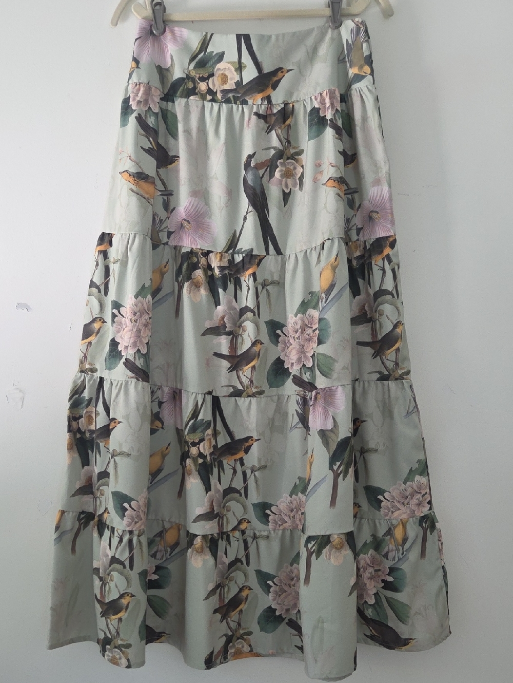 Carolina Pinilla Tiered Maxi Skirt Bird Novelty Print Sage Floral Large Bx12